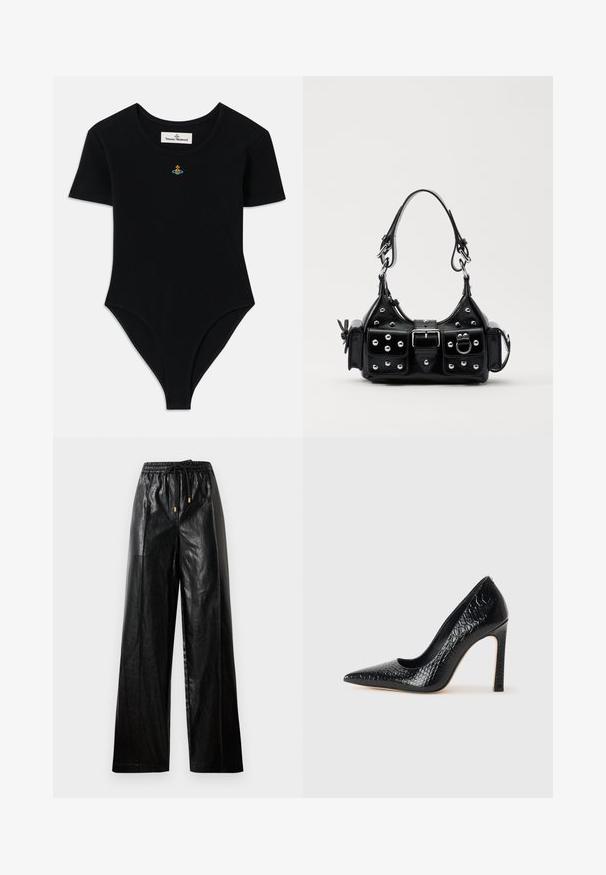 Czarny prążkowany kombinezon z krótkimi rękawami i okrągłym dekoltem, z małym kolorowym haftowanym logo na piersi.; Czarne skórzane spodnie typu wide-leg z elastycznym pasem, sznurkiem i złotymi akcentami. Gładka tekstura i luźny krój.; Czarne szpilki z ostrym noskiem, pokryte teksturą skóry krokodyla, charakteryzujące się eleganckim wzornictwem, wysokim obcasem w stylu stiletto oraz gładkim czarnym wnętrzem.; Czarna skórzana torebka w zakrzywionym kształcie, z srebrnymi ćwiekami, klamrą i dwoma bocznymi kieszeniami. Regulowany pasek umożliwiający różne opcje noszenia.