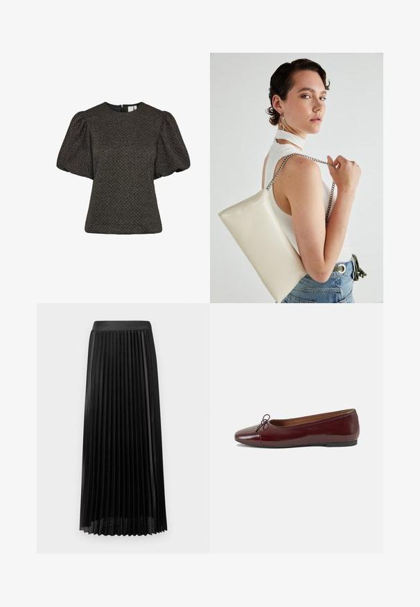 Top corto nero con texture, maniche corte a palloncino e scollatura rotonda, dotato di chiusura con zip sul retro.; Gonna nera plissettata con una cintura liscia, realizzata in tessuto leggero. Presenta pieghe verticali nette e un design alla lunghezza del polpaccio.; Ballerine in pelle verniciata bordeaux con punta arrotondata, piccolo fiocco decorativo sulla parte anteriore e suola bassa in gomma nera. Texture liscia.; Borsa a pochette rettangolare bianca realizzata in materiale lucido, con una tracolla in catena argentata. Il modello posa, mostrando la borsa su uno sfondo semplice.