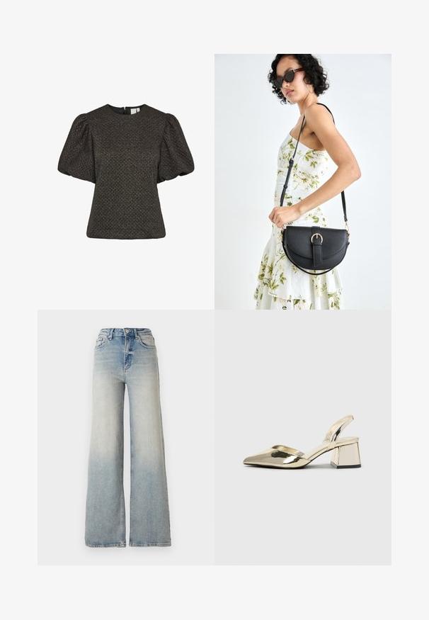 Kratka črna teksturirana majica z nabranimi kratkimi rokavi in okroglim izrezom, ki vsebuje zadrgo na hrbtni strani.; Svijetloplave široke traperice s visokim strukom, koje imaju pet džepova i vidljivo šivanje uz šavove.; Zlati, kovinski slingback čeveljci z ostrim nosom in masivnim peto. Gladka tekstura, minimalistična zasnova in ozka zanka.; Črna usnjena torbica s ukrivljeno obliko, z odstranljivo naramnico in zlatimi dodatki. Torbica ima pokrov s podrobnostmi v obliki zaponke.; Uhane nakit iz zlatastega tona z gladko, ukrivljeno zasnovo. Ima edinstveno koničasto obliko, polirano površino in zaponko s tečajem.