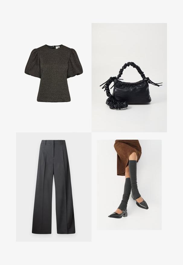 Rövid fekete, texturált felső puffos rövid ujjakkal és kerek nyakrésszel, hátsó cipzárral záródik.; Széles szárú nadrág sötétszürke anyagból, magas derekú, egyes redőkkel, sima textúrával és tiszta befejezéssel a szegélyeken.; Fekete lakk bőrből készült, hegyes orrú cipők, tömbsarkúakkal és bokapánttal, szürke bordás lábszármelegítőkkel és barna velúr szoknyával párosítva.; Fekete műbőr kézi táska krokodil bőr textúrával, összehúzható tetejű és gyűrt pánttal. Lágy és kompakt dizájnúnak tűnik.