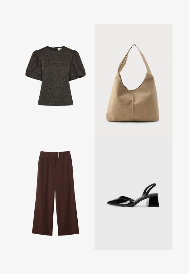 Krátky čierny top s textúrou, s nadýchanými krátkymi rukávmi a okrúhlym výstrihom, so zapínaním na zips na chrbte.; Hnedé nohavice so širokými nohami vyrobené z hladkej tkaniny, s dvoma bočnými vreckami a pásom s tromi dekoračnými gombíkmi.; Čierne lakované kožené sandálové podpätky s špicatou špičkou a geometrickým blokovým podpätkom. Disponujú elegantným, minimalistickým dizajnom a hladkým povrchom.; Hobo taška z mäkkej béžovej semišovej kože so splývavým tvarom, širokým ramenným popruhom a ručne šitým detailom švu na prednej strane.