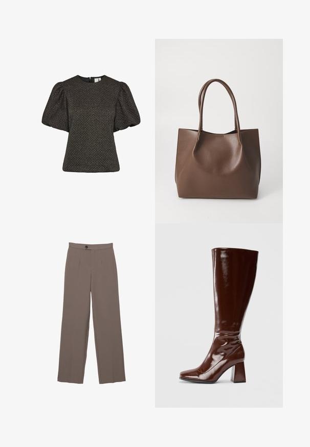 Top corto nero con texture, maniche corte a palloncino e scollatura rotonda, dotato di chiusura con zip sul retro.; Pantaloni a gamba larga marroni con una texture liscia, dotati di pieghe frontali, chiusura con bottone e design sartoriale.; Stivali marroni in pelle verniciata alti fino al ginocchio, con punta quadrata, finitura lucida e taccochunky per stabilità. Design senza soluzione di continuità senza hardware visibile.; Borsa tote in pelle marrone con due manici lunghi, forma strutturata, superficie liscia e design minimalista. Nessun hardware o accento visibile.