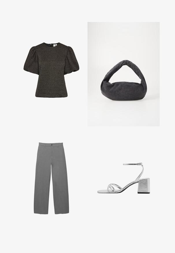 Lyhyt musta teksturoitu toppi, jossa on puffatut lyhyet hihat ja pyöreä pääntie. Takana on vetoketjukiinnitys.; Vaaleanharmaat leveälahkeiset housut, joissa on sileä, teksturoitu kangas, edessä nappisuljenta ja vyölenkit vyötäröllä.; Hopeaken sandaalit, joissa on hopeanhohtoinen paksu korko, ohuet ristikkäin kulkevat hihnat ja säädettävä nilkkahihna. Sileä metallinen pinta.; Tummanharmaa kangaskassi, jossa on kaareva kahva, pehmeä tekstuuri ja pyöreä muoto. Ei näkyvää varustusta tai koristeita.