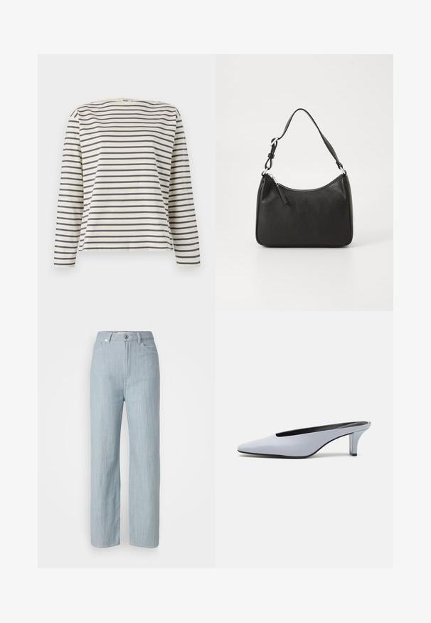 Hosszú ujjú ing, puha anyagból készült, krémszínű háttérrel és tengerészkék vízszintes csíkokkal, széles hajónyakkal.; Világoskék egyenes szárú farmernadrág. Öt zsebbel, fém gombos záródással és finom kopási hatással a textúra érdekében rendelkezik.; Világoskék patent bőr mules, hegyes orral, alacsony átlátszó sarokkal, és egy letisztult dizájnnal, amelynek a vampjén kivágás található.; Fekete bőrtáska ívelt formával, egyetlen pánttal, cipzáras záródással és diszkrét logóval az elején. Simább textúra, minimalista dizájn.