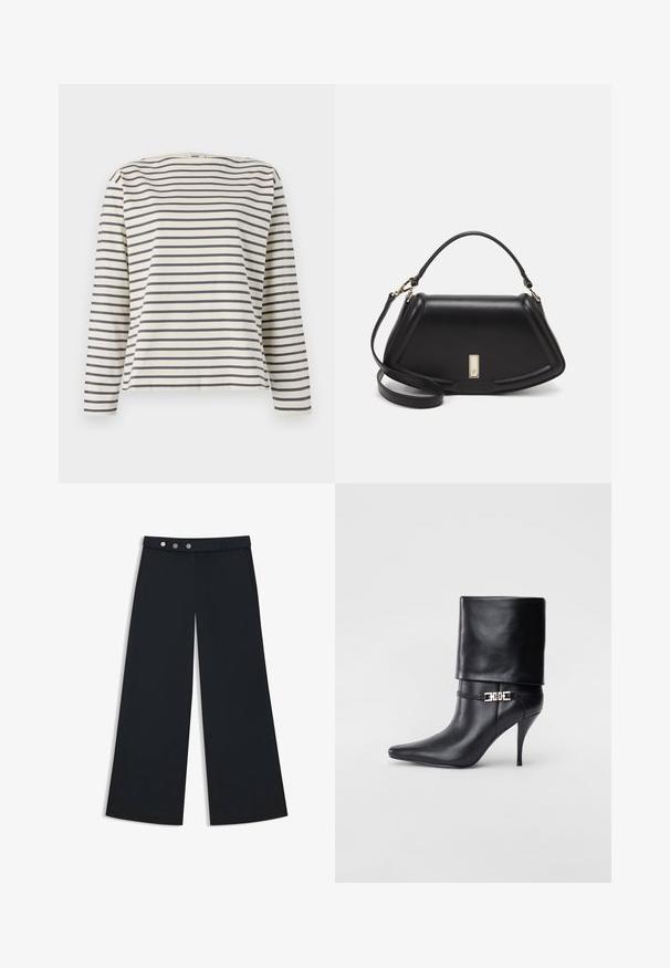 Long-sleeve shirt made of soft fabric, featuring a cream background with navy horizontal stripes and a wide boat neckline.; Wide-leg black trousers with a smooth texture, featuring a flat waistband, a double-button closure, and side pockets.; Black leather ankle boot with a pointed toe, high stiletto heel, fold-over cuff, and a gold decorative buckle detail on the ankle.; Black leather handbag with a structured design, featuring a cropped shape, top handle, and gold hardware accent. Adjustable shoulder strap included.