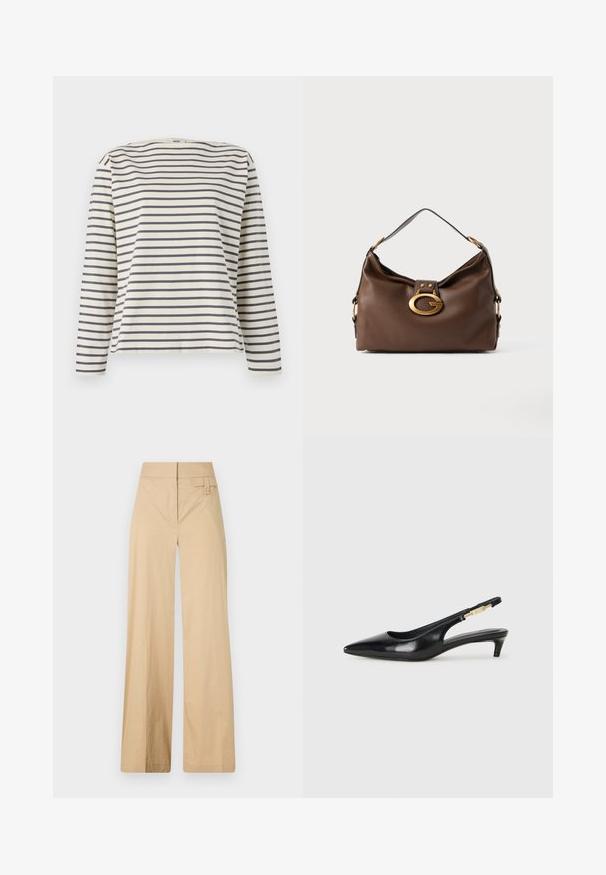 Dlhý rukáv košele vyrobený z mäkkej textílie, s krémovým pozadím a námorníckymi vodorovnými pruhmi, a širokým lodičkovým výstrihom.; Bežové nohavice so širokými nohavicami vyrobené z kombinácie bavlny. Majú hladkú textúru, elastický pás a detail s bočnými gombíkmi.; Čierne kožené slingback opätky s špicatou špičkou, s úzkym opätkom a zlatým detailom na nastaviteľnom remienku. Hladká textúra.; Hnedá kožená kabelka s textúrovaným povrchom, so zlatým kovovým zapínaním a jedným zakriveným ramenným popruhom.
