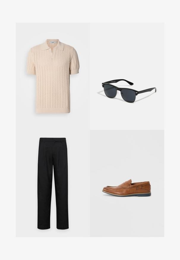 Beige kötött pólóing rövid ujjakkal, texturált lyukacsos mintázattal és klasszikus gallérral. Puha anyag és bordás mandzsetták.; Fekete nadrág sima anyagból, egyenes szárú fazonnal, két elülső redővel és közönséges derékkal, övhurkokkal.; Barna bőr loafer cipők, lekerekített orral, varrott részletekkel és alacsony gumitalppal. A dizájn egy sávot tartalmaz a felső részen.; Fekete napszemüveg, téglalap alakú, sötét lencsékkel, ezüst részletekkel a szárakon, és matt felülettel a kereten.