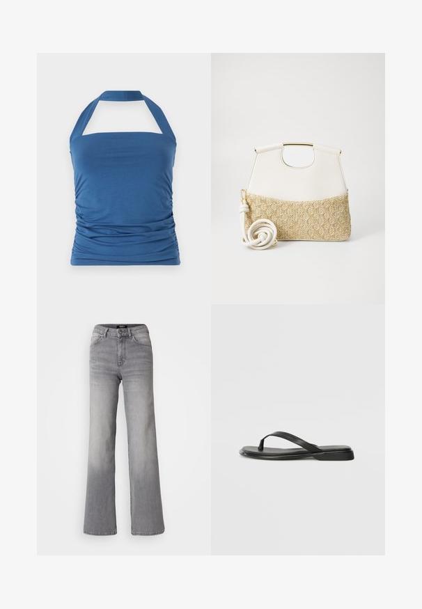 Top halter albastru cu decolteu drept, prezentând detalii plisate pe laterale și bretele late. Fabricat dintr-un material moale și neted.; Jeans din denim gri, cu talie înaltă și croială dreaptă, cu fermoar și nasture frontal, buzunare frontale și spate, și nuanțe estompate pe coapse și gambe.; Sandale negre din piele netedă, cu un design cu curea subțire și o talpă plată cu un profil minimalist. Fără modele sau accente notabile.; Geantă de mână din piele albă, cu un fund din țesătură crem cu textură împletită. Dispune de un mâner de culoare aurie și o curea albă spiralată pentru versatilitate.
