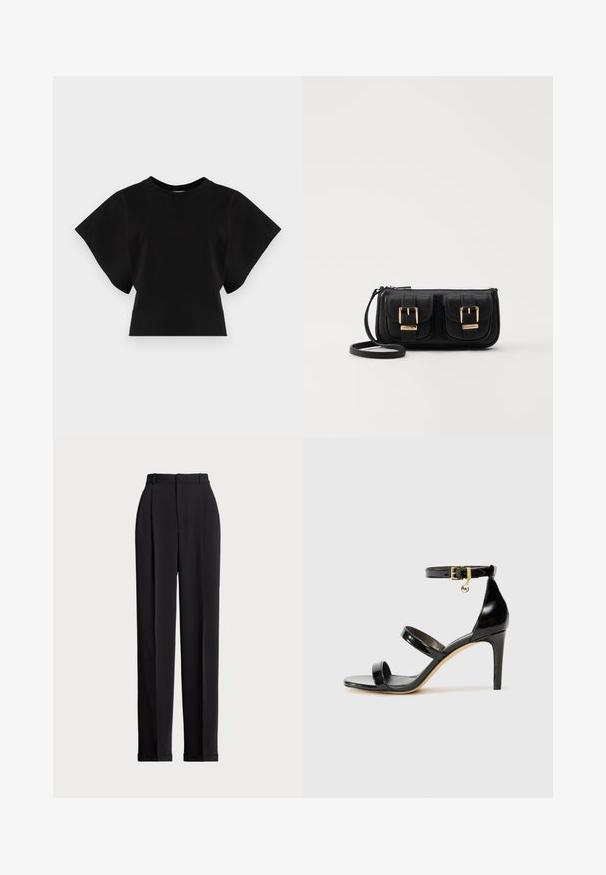 Černé zkrácené tričko vyrobené z bavlny, s krátkými širokými rukávy a kulatým výstřihem, s hladkou texturou a minimalistickým designem.; Černé elegantní kalhoty s vysokým pasem, zdobené sklady vpředu, rovný střih nohavic a cuffed lem. Vyrobeno z hladké látky.; Černé lakované kožené sandály se třemi pásky, sponou na kotníku a 10 cm jehlovým podpatkem. Obsahují zlaté kovové detaily a logo přívěsek.; Černá kožená crossbody taška se dvěma předními kapsami, zlatými přezkami, zipovým uzávěrem a štíhlým popruhem. Texturovaný povrch a kompaktní obdélníkový tvar.