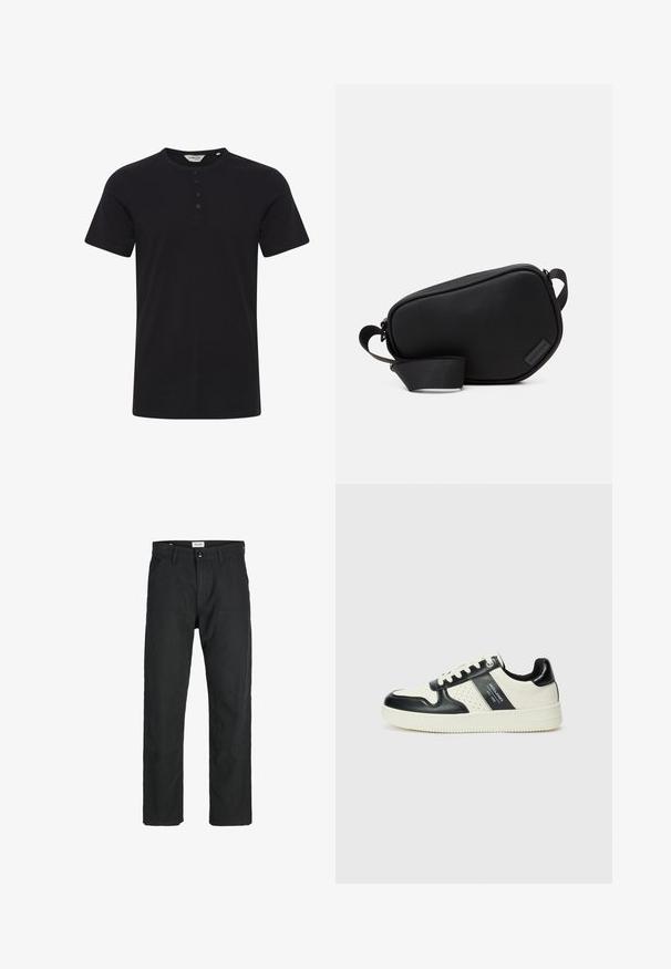 Must musta t-särk, ümar kaelus, lühikesed varrukad ja kolme nööbiga nööpauk. Sile tekstuur, minimalistlik disain ja ilma mustriteta.; Mustad mustad, mis on valmistatud vastupidavast kangast, sirge jala disainiga, õmmeldud detailidega ja kahe eesmise taskuga funktsionaalsuse jaoks.; Nahatud nahkkingad musta ja kreemi värviskeemiga, millel on perforeeritud aktsendid, pehme krae ja tekstureeritud tallad.; Must plastikust valmistatud must rihmaga õlakott, millel on lame kuju ja väike logo aksent. Minimalistlik kujundus.