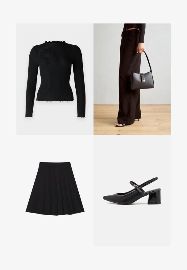 ONLY Petite ONLEMMA - Ilgarankovis viršutinės dalies drabužis - black; Juoda plisėta sijonas, pagamintas iš tekstūruotos medžiagos su prigludusia juosmens juosta. Siekia kelių ilgį, turi sklandžią, švarią siluetą.; Juodi patentinio odos slingback aukštakulniai su smailiu pirštu, apvaliu išpjovimu ir blokiniu kulnu. Papuošti auksiniu juostos akcentu.; Juodas rankinė struktūrizuota forma, lygi tekstūra ir metalinis užsegimas. Suporuota su plačiomis juodomis kelnėmis ir atvirais bateliais ant medinių grindų.