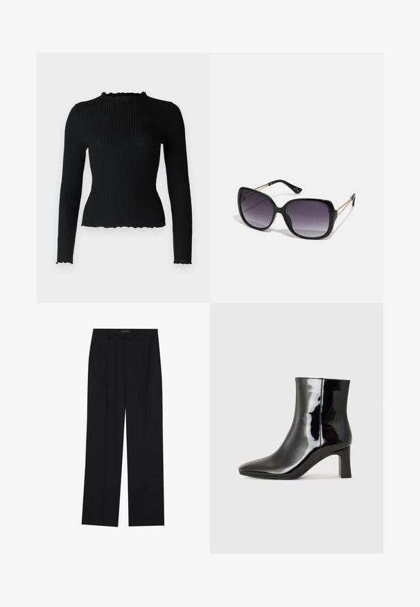 ONLY Petite ONLEMMA - Camisola de manga comprida - black; Calças pretas com um design de perna reta, apresentando dois bolsos frontais e um cós. Feitas de um tecido leve e suave.; Botim de tornozelo em pele sintética preta com bico apontado e salto bloco de altura média. Textura suave e design minimalista.; Óculos de sol oversized pretos com lentes degradê, armações grossas e detalhes em corrente dourada nas hastes.