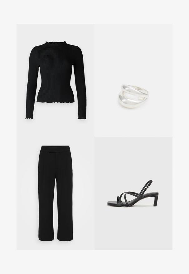 ONLY Petite ONLEMMA - Long sleeved top - black; Black wide-leg pants made of a smooth fabric, featuring a flat front, belt loops, and no visible pockets. Clean, tailored design.; Black strappy sandal with a square toe and a low block heel. Features multiple thin straps and an adjustable ankle strap. Made of smooth leather.; Silver double-band ring with a smooth, polished surface. Features a fluid, curved design with overlapping sections for a modern look.