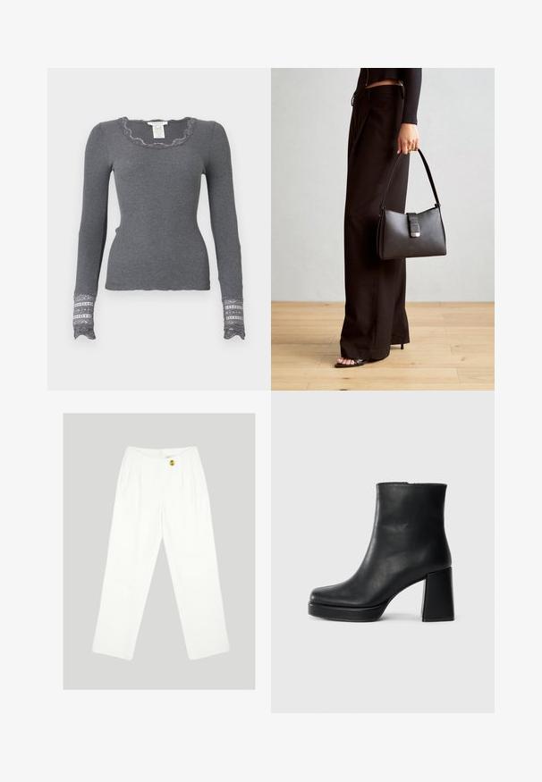 Grauer, langärmliger Ripp-Oberteil mit gewelltem Halsausschnitt und mit Spitze verzierten Bündchen, das ein strukturiertes Muster aufweist.; Weiße, weit geschnittene Hosen aus glattem Material. Mit einem einzigen gelben Knopfverschluss und einem gefalteten Frontdesign. Keine sichtbaren Taschen.; Schwarze Leder-Stiefelette mit Blockabsatz und Plattformsohle, seitlich auf einem schlichten weißen Hintergrund betrachtet.; Schwarze Handtasche mit strukturierter Form, glatter Textur und einem metallischen Verschluss. Kombiniert mit weiten schwarzen Hosen und offenen Sandalen auf einem Holzboden.