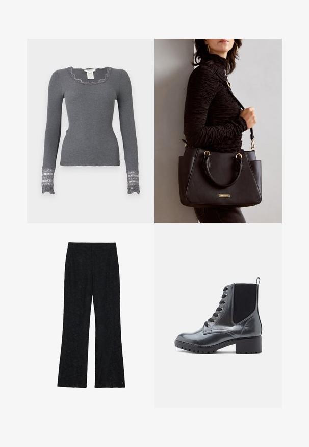 Grauer, langärmliger Ripp-Oberteil mit gewelltem Halsausschnitt und mit Spitze verzierten Bündchen, das ein strukturiertes Muster aufweist.; Schwarze Spitzenhose mit ausgestelltem Schnitt, die ein florales Muster auf dem gesamten Stoff aufweist. Glatte Textur mit einem figurbetonten Taillenbund.; Schwarze, patentierte Leder-Ankle-Boots mit Blockabsatz, schnürbarem Vorderteil und elastischen Seitenteilen für bequemes Anziehen. Robuste Sohle für guten Halt.; Schwarze Handtasche mit strukturierten Oberflächen, doppelten Obergriffen und verstellbarem Schultergurt. Mit goldfarbener Hardware und Seitentaschen.