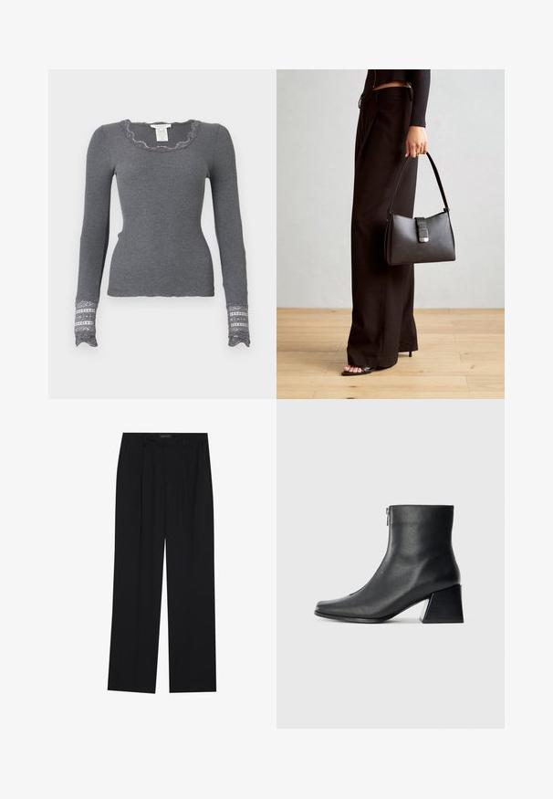 Szürke, hosszú ujjú bordás felső, fodros nyakkivágással és csipkeborítású mandzsettával, amely texturált mintázattal rendelkezik.; Fekete nadrág egyenes szárú kialakítással, két első zsebbel és derékrésszel. Simának és könnyű anyagból készült.; Fekete bőr bokacsizma négyzetes orral, oldalsó cipzárral és tömbsarkal, egyszínű világos háttér előtt.; Fekete kézi táska strukturált formával, sima textúrával és fémből készült záródással. Széles fekete nadrággal és nyitott orrú szandállal párosítva, fából készült padlón.