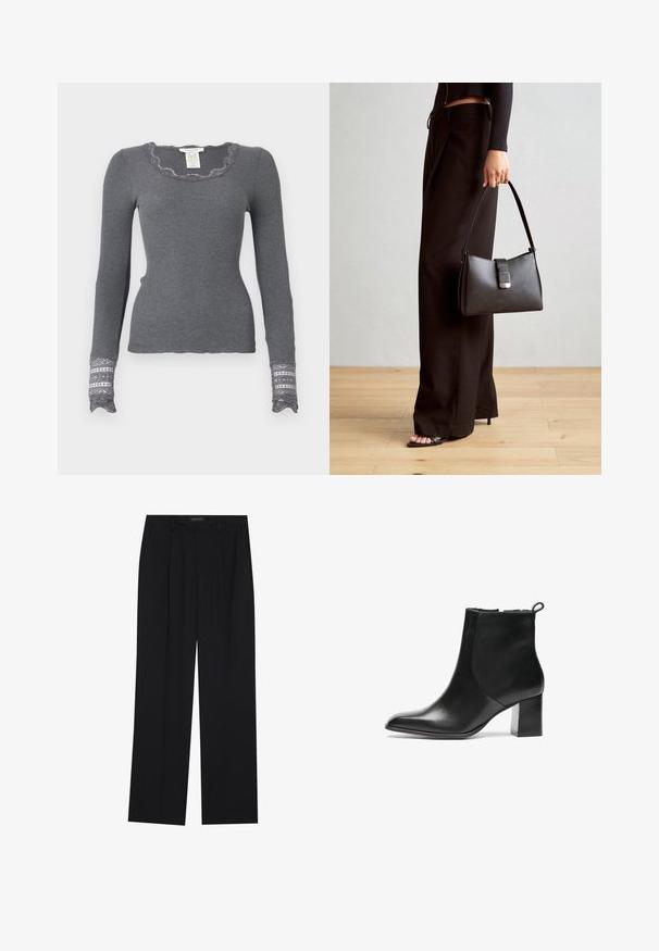 Grå langermet ribbet topp med scalloped utringning og blondekantede mansjetter som har et teksturert mønster.; Sorte bukser med rette ben, som har to frontlommer og en talje. Laget av et glatt, lett stoff.; Svarte skinn ankelstøvler med rund tå, middels høy blokkhæl og en trekkflik bak. Glatt tekstur, minimalistisk design.; Svart håndveske med strukturert form, jevn tekstur og metallisk lås. Kombinert med brede svarte bukser og sandaler med åpen tå på tregulv.
