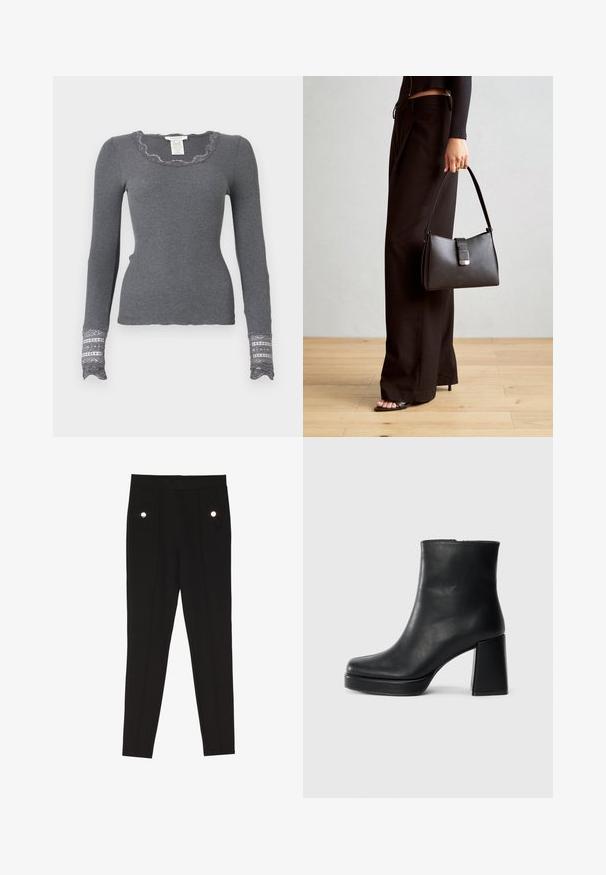 Grå langærmet ribbestrikket top med bølget udskæring og blondeprydede manchetter, der har et struktureret mønster.; Sorte skrædderbukser med en glat tekstur, der har to forlommer med dekorative hardwaredetaljer og en slim-fit design.; Sort læder ankelstøvle med blokhæl og platformssål, set fra siden på en ensfarvet hvid baggrund.; Sort håndtaske med struktureret form, glat overflade og metalspænde. Sammen med brede sorte bukser og sandaler med åben tå på trægulv.
