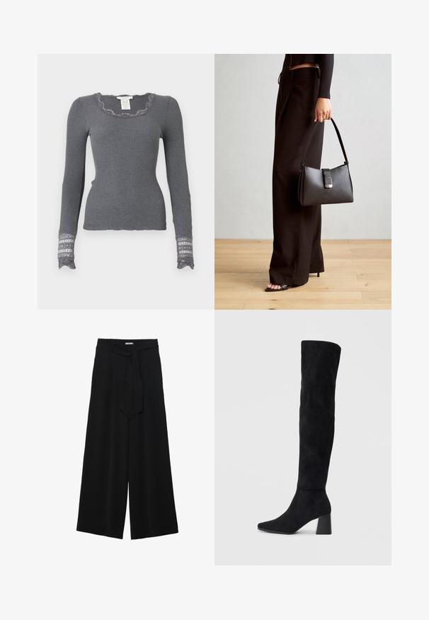 Grauer, langärmliger Ripp-Oberteil mit gewelltem Halsausschnitt und mit Spitze verzierten Bündchen, das ein strukturiertes Muster aufweist.; Schwarze weite Hosen aus strukturiertem Stoff, mit elastischem Bund und einem abnehmbaren Bindegürtel in der Taille für eine verstellbare Passform.; Schwarze Wildleder-Stiefel bis zum Knie mit Blockabsatz, spitzer Zehe und glattem, nahtlosem Design auf einem schlichten, hellen Hintergrund.; Schwarze Handtasche mit strukturierter Form, glatter Textur und einem metallischen Verschluss. Kombiniert mit weiten schwarzen Hosen und offenen Sandalen auf einem Holzboden.