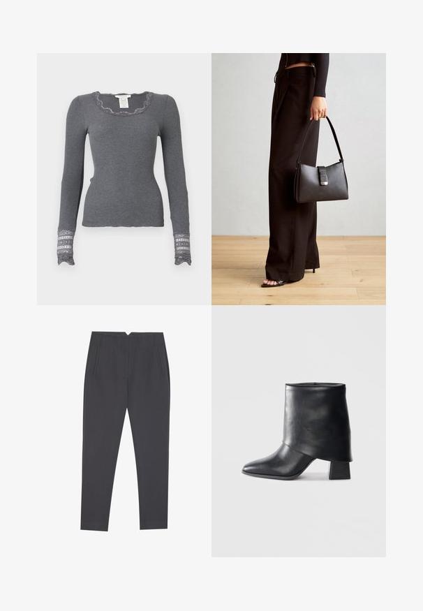 Gray long-sleeve ribbed top with scalloped neckline and lace-accented cuffs featuring a textured pattern.; Dark gray tapered trousers with side pockets and front pleats, designed for a tailored fit.; Black leather ankle boot with a pointed toe, smooth texture, and a structured block heel. Features a high, folded cuff design.; Black handbag with structured shape, smooth texture, and a metallic clasp. Paired with wide black pants and open-toe sandals on wooden floor.