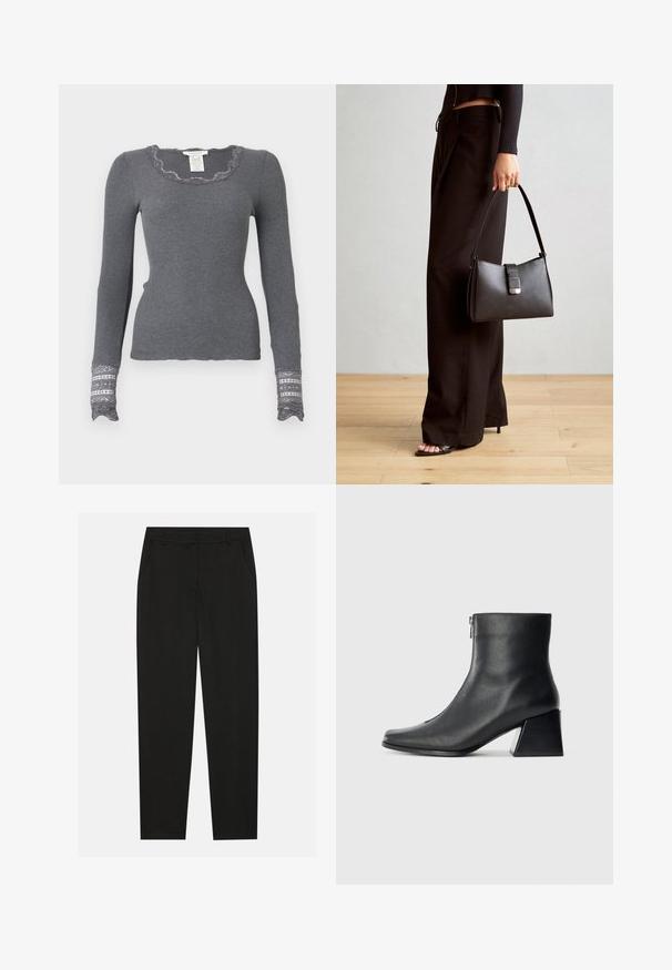 Pelēks garām piedurknēm ribots tops ar viļņotu kakla izgriezumu un mežģīņu papildinātiem piedurkņu galiem, kas izceļas ar struktūras rakstu.; Melnas bikses ar pielāgotu dizainu, ar sānu kabatām un taisnu kāju. Izgatavotas no gluda, viegla auduma ar elegantu apdari.; Melna ādas potītes zābaku ar kvadrātveida purngalu, sānu rāvējslēdzēju un bloku papēdi uz vienkārša gaismas fona.; Melnā somiņa ar strukturētu formu, gludu tekstūru un metālu sprādzi. Saskaņota ar platām melnām biksēm un sandālēm ar atvērtu purngalu uz koka grīdas.