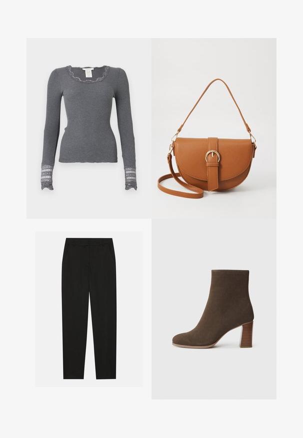 Grå langærmet ribbestrikket top med bølget udskæring og blondeprydede manchetter, der har et struktureret mønster.; Sorte bukser med en skræddersyet design, der har sidelommer og lige ben. Lavet af glat, letvægtsstof med en elegant finish.; Brune ruskinds ankelstøvle med rund tå og en stablet, tekstureret hæl. Glat overflade uden synlige lukninger eller udsmykninger.; Brun læder crossbody taske med en buet form, guldfarvet hardware og en spændeaccent. Har en aftagelig skulderrem.