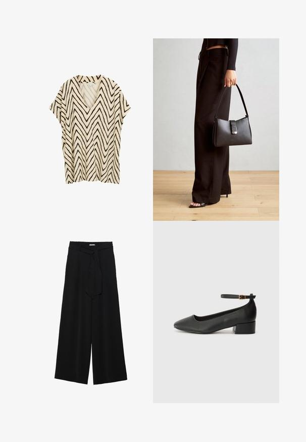 Cremefarbener V-Ausschnitt, kurzärmeliger Oberteil mit schwarzem Zickzackmuster. Leichter Stoff mit lockerer Passform und geradem Saum. Keine sichtbaren Verschlüsse.; Schwarze weite Hosen aus strukturiertem Stoff, mit elastischem Bund und einem abnehmbaren Bindegürtel in der Taille für eine verstellbare Passform.; Schwarze Lederpumps mit spitzem Zehenbereich und niedrigem Blockabsatz. Mit einem Knöchelriemen und einer goldfarbenen Schnalle. Glatte Textur.; Schwarze Handtasche mit strukturierter Form, glatter Textur und einem metallischen Verschluss. Kombiniert mit weiten schwarzen Hosen und offenen Sandalen auf einem Holzboden.
