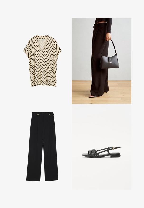 Cremefarbener V-Ausschnitt, kurzärmeliger Oberteil mit schwarzem Zickzackmuster. Leichter Stoff mit lockerer Passform und geradem Saum. Keine sichtbaren Verschlüsse.; Schwarze weite Hosen mit hoher Taille, Knopfdetails am Bund und vorderen Falten.; Schwarze flache Sandalen mit einem Riemen-Design, das mehrere Lederstraps und eine schmale Schnalle am Knöchel umfasst. Die Sohle ist flach und rechteckig.; Schwarze Handtasche mit strukturierter Form, glatter Textur und einem metallischen Verschluss. Kombiniert mit weiten schwarzen Hosen und offenen Sandalen auf einem Holzboden.