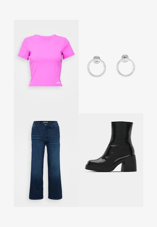 Stronger CROP TEE - Paprasti marškinėliai - magenta; ONLY Petite ONLMADISON BLUSH WIDE - Platėjantys džinsai - dark blue denim; Juodi kulkšniniai batai su blizgiu paviršiumi, kvadratiniu pirštu ir storu blokiniu kulnu. Dizainas pasižymi be siūlių siluetu ir minimalia ženklinimo. ; Sidabriniai metaliniai auskarai žiedų pavidalu su šveitimo tekstūra, turintys apvalų dizainą ir skaidrų laikiklį saugiam dėvėjimui.