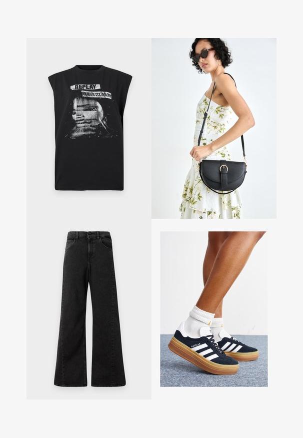 Replay Top - blackboard; High-waisted black denim jeans with a wide leg design, featuring front pockets and a button closure at the waist.; Black suede sneakers with white stripes and accents, rounded toe, gum rubber outsole, paired with white ribbed crew socks.; Black leather handbag with a curved shape, detachable strap, and gold hardware. The bag features a flap with a buckle detail.