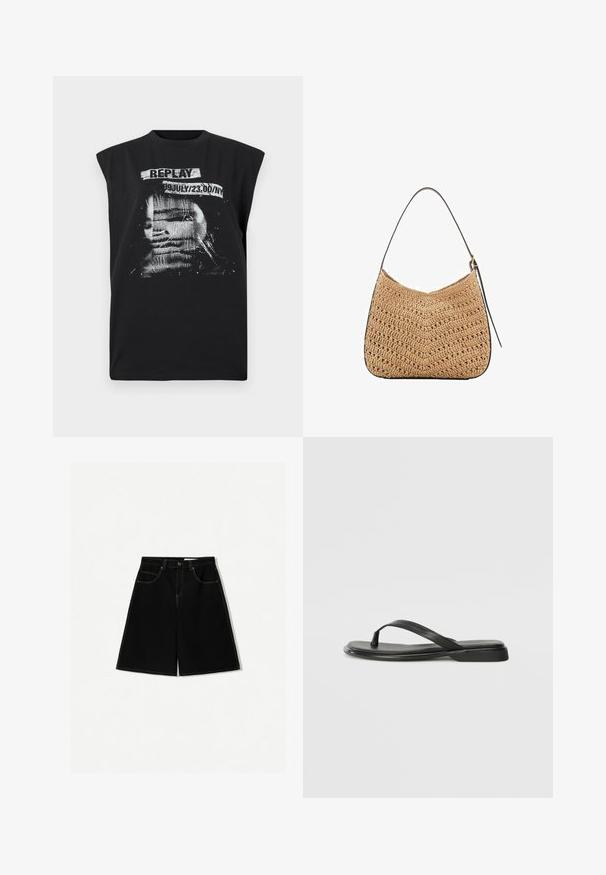 Replay Top - blackboard; Black denim shorts with a loose fit, featuring five pockets, yellow stitching accents, and a mid-rise waist design.; Black flip-flop made of smooth leather, featuring a thin strap design and a flat sole with a minimal profile. No notable patterns or accents.; Woven straw shoulder bag with a curved shape, featuring a dark leather strap and a textured surface with a chevron pattern.; Gold-tone earrings feature irregular textured shapes, adorned with green gemstones and white pearls, secured with clip-on fasteners.