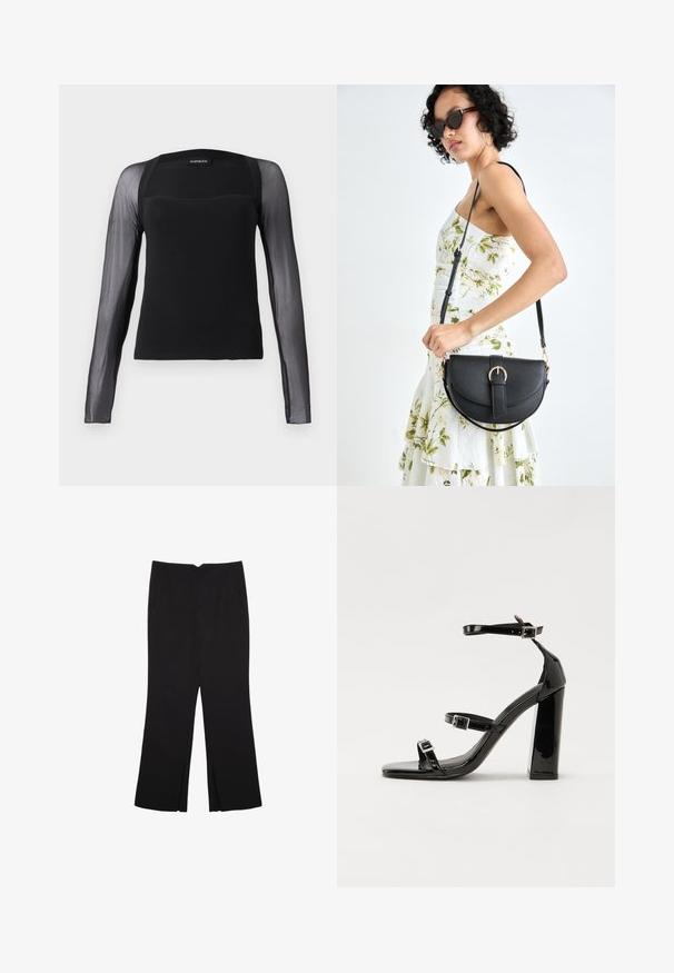 Schwarzes Langarmoberteil mit festem Oberteil und durchsichtigen schwarzen Mesh-Ärmeln. Mit einem quadratischen Ausschnitt und glatter Textur.; Schwarze Hose mit geradem Schnitt, ausgestattet mit Fronttaschen und Seitenschlitzen am Saum. Hergestellt aus weichem, glattem Stoff. Geeignet für verschiedene Anlässe.; Schwarze patentierte Sandalen mit Absatz, quadratischer Spitze, Knöchelriemen und silbernen Schnallen. Mit einem stabilen Blockabsatz für mehr Stabilität.; Schwarze Lederhandtasche mit geschwungener Form, abnehmbarem Tragegurt und goldenen Beschlägen. Die Tasche verfügt über einen Deckel mit einer Schnallen-Details.