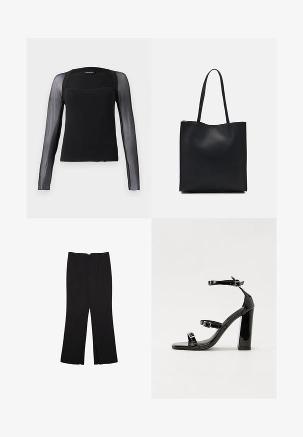 Musta pitkähiha toppi, jossa on kiinteä helmakuosi ja läpikuultavat mustat verkohiho. Ominaisuuksiin kuuluu neliön muotoinen kaula-aukko ja sileä rakenne.; Mustat housut suoralinjaisella leikkauksella, joissa on etutaskut ja sivurei'ät helman alla. Valmistettu pehmeästä ja sileästä kankaasta. Sopii eri tilaisuuksiin.; Musta kiiltävä korkokenkä sandaalit neliönmuotoisella varpaalla, nilkkaremmillä ja hopeisilla soljilla. Varustettu tukevalla lohkokorkealla vakauden takaamiseksi.; Mustapahkainen kangaskassi, jossa on sileä pinta, suorakaiteen muotoinen ja kaksi pitkää kahvaa. Ei näkyvää metalliosaa tai koristeita.