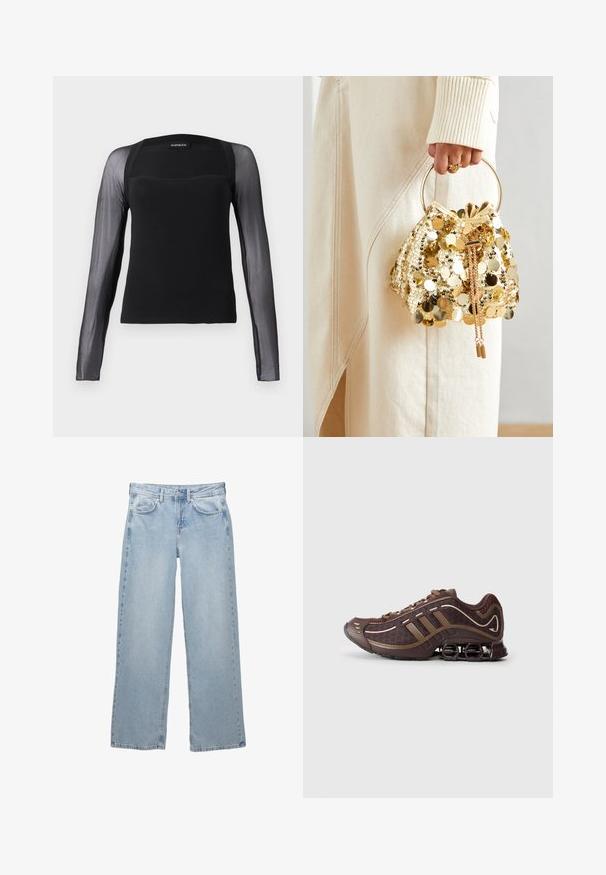 Top negru cu mâneci lungi, care are un corset solid și mâneci din plasă neagră transparentă. Prezintă un decolteu pătrat și o textură netedă.; Blugi din denim de culoare albastru deschis, cu un design cu picioare largi, având o închidere cu nasture și fermoar, cinci buzunare și detalii minime de cusătură.; Pantof sportiv maro cu partea superioară din plasă și material sintetic, prezentând trei dungi, cusături detaliate, talpă cu amortizare și un toc caracteristic elastic.; Geantă de mână cu mânere circulare, confecționată din paiete aurii, cu un șnur de închidere, având paiete rotunde strălucitoare și o țesătură texturată. Dimensiunile nu sunt furnizate.
