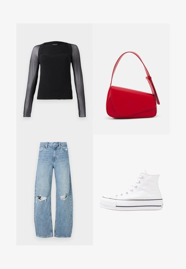 Must mustriga mustriga topp, millel on kindel kehaosa ja läbipaistev must kilepulkadega. Omab ruudukujulist kaelust ja sujuvat tekstuuri.; Heledad hallideega sinised teksad, millel on kõrge talje. Teksade jalgadel on lai alus, kaks rebitud kohta põlvede ümber ning klassikaline viie tasku stiil.; Valge kõrgem kangast tenniseking, millel on must kummist tald, ees kummist varvasetugi ja kuus aukku paelte jaoks, pakkudes puhta ja minimalistliku disaini.; Punane nahast käekott, millel on nurkadega geomeetriline disain. Omab ühte reguleeritavat rihma ja klappidega sulgemist, millel on õmblustega kaunistused.