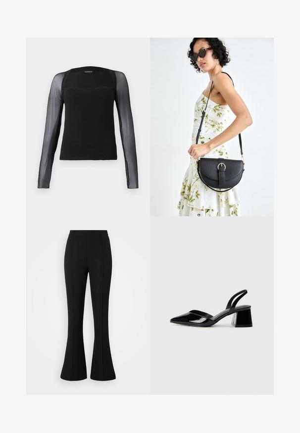 Črn top z dolgimi rokavi s trdim telesom in prosojnimi črnimi mrežastimi rokavi. Ima kvadratni izrez in gladko teksturo.; Črne razširjene hlače iz raztegljive tkanine, ki imajo gladko teksturo, visok pas in šive vzdolž sprednje strani.; Črne lakirane slingback pete s koničastim nosom in geometrijsko blokasto peto. Imajo eleganten, minimalističen dizajn in gladko teksturo.; Črna usnjena torbica s ukrivljeno obliko, z odstranljivo naramnico in zlatimi dodatki. Torbica ima pokrov s podrobnostmi v obliki zaponke.
