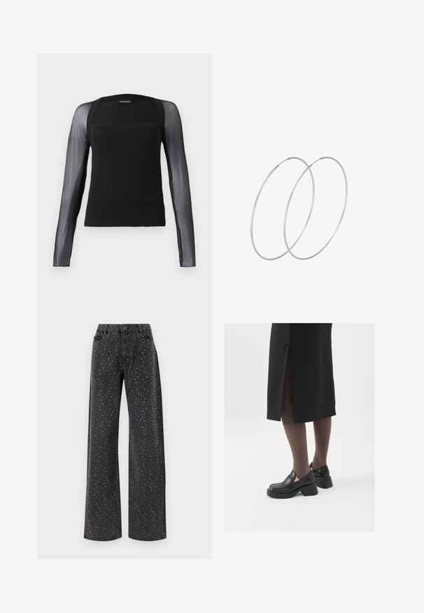 Melna garām piedurknēm topi ar cietu augšu un caurspīdīgām melnām acs piedurknēm. Tam ir kvadrātveida kakla izgriezums un gluda tekstūra.; Noisy May NMJANNEL LOOSE - Brīva piegriezuma džinsi - black denim; Melni ādas apavi ar noapaļotu purngalu, biezām bloku papēžiem un elastīgiem sānu akcentiem, apvienoti ar tumšām zeķubiksēm un melnu svārku ar šķirbu.; Sudraba gredzenveida auskari ar minimālistisku dizainu. Cirkulāra forma, gluda tekstūra un plāns profils. Vieglu svaru ar spīdīgu apdari.