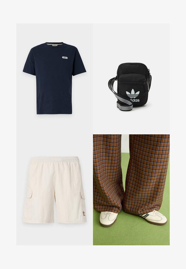 Tmavě modré bavlněné tričko s crew neckem, krátkými rukávy a bílým logem "POMPEII" na levém hrudníku. Hladká textura, volný střih.; Béžové cargo šortky s elastickým pasem, dvěma bočními kapsami a malým logem v dolním pravém rohu. Hladká, lehká tkanina.; Hnědo-modré kostkované široké kalhoty doplněné bílými botami s černými akcenty a texturovanou podrážkou, umístěné na zeleném pozadí.; Černá crossbody taška z látky se zipovým uzávěrem, obsahující bílé logo Adidas a pruhovaný nastavitelný popruh pro snadné nošení.