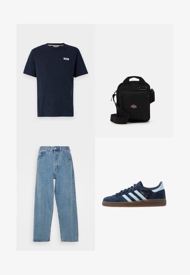 Granatowa bawełniana koszulka z okrągłym dekoltem, krótkimi rękawami i białym logo "POMPEII" na lewej piersi. Gładka tekstura, luźny krój.; Jasnoniebieskie dżinsy z wysokim stanem, luźnym krojem, z dwoma przednimi kieszeniami, tylną kieszenią naszywaną oraz zapięciem na guzik.; Granatowe zamszowe tenisówki Adidas z jasnoniebieskimi paskami, gumową podeszwą, jasnoniebieską zakładką na pięcie oraz złotym logo "Spezial" po boku.; Czarna torebka na ramię z zamkiem błyskawicznym, prostokątna, wykonana z tkaniny, z naszywką logo z przodu, z regulowanym paskiem na ramię.