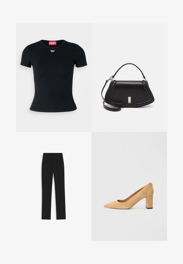 Black ribbed t-shirt with a rounded crew neckline. Features a small red Diesel logo on the chest. Short sleeves and a form-fitting shape.; Black tailored trousers with a straight-leg design, featuring front pockets and a smooth, textured fabric. Neat, minimal detailing.; Beige suede high-heeled pump with a pointed toe and a chunky block heel. The material has a soft texture with a smooth finish.; Black leather handbag with a structured design, featuring a cropped shape, top handle, and gold hardware accent. Adjustable shoulder strap included.