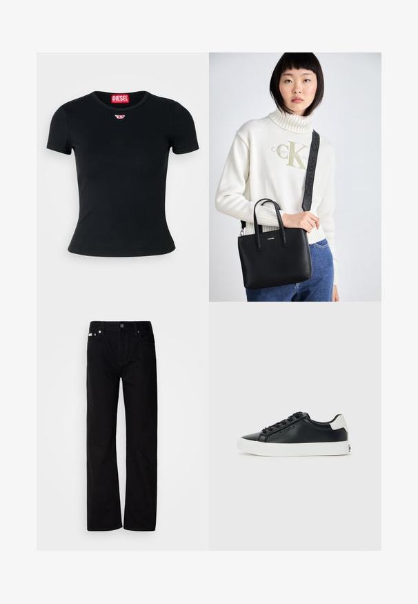 Melna ribota T-krekla ar apaļu kakla izgriezumu. Uz krūtīm ir neliels sarkans Diesel logo. Īsas piedurknes un pieguļoša forma.; Melnas denima taisnas kājas bikses ar pieciem kabatām, sudraba kniedēm un pogu aizdari. Audumam ir gluda, nedaudz teksturēta virsma.; Melni zemi sporta apavi ar baltu zoli un papēža cilpu, melnas auklas un diskrētā Calvin Klein logo sānos, attēloti uz vienkārša fona.; Melna ādas rokassoms ar diviem augšējiem rokturiem un noņemamu plecu siksnu. Priekšpusē ir sudraba logo un gluda tekstūra.