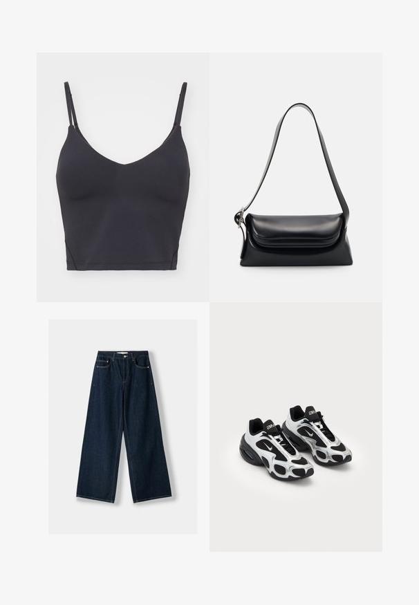 Zwarte naadloze bralette met dunne verstelbare bandjes, V-hals en een aangesloten ontwerp. Zacht, rekbaar materiaal zonder zichtbare hardware.; Donkerblauwe, wijde spijkerbroek van denim. Beschikt over vijf zakken, een knoop- en ritssluiting, en contrasterende stiksels.; Zwarte en zilveren sportschoenen met een bovenwerk van mesh en synthetisch materiaal, voorzien van een kenmerkend golvend ontwerp en een gevoerde kraag, met luchtkussens in de zool.; Zwarte leren handtas met een gestructureerde vorm, een gladde textuur en een enkele schouderband. Heeft een subtiele, afgeronde klepontwerp.