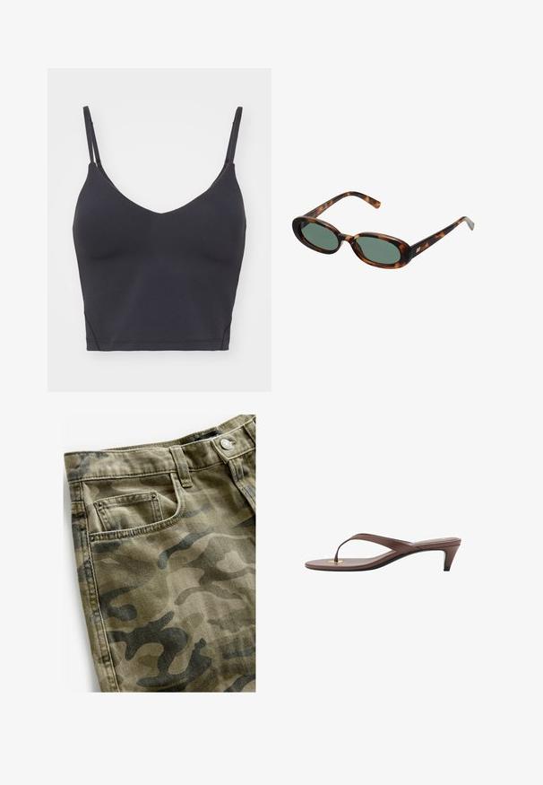 Bralette nera senza cuciture con sottili spalline regolabili, scollatura a V e un design aderente. Tessuto morbido ed elastico senza parti metalliche visibili.; Next Shorts di jeans - camo print; Infradito con tacco marroni, dotati di una fascia sottile e un puntale arrotondato, con un piccolo dettaglio dorato sulla soletta.; Occhiali da sole tartarugati con montatura ovale e lenti verdi. Presentano aste sottili con un accento metallico vicino alle cerniere.; Collana di perle bianche con forme e dimensioni varie, dotata di un fermaglio a chiusura in argento. Texture liscia con finitura lucida.