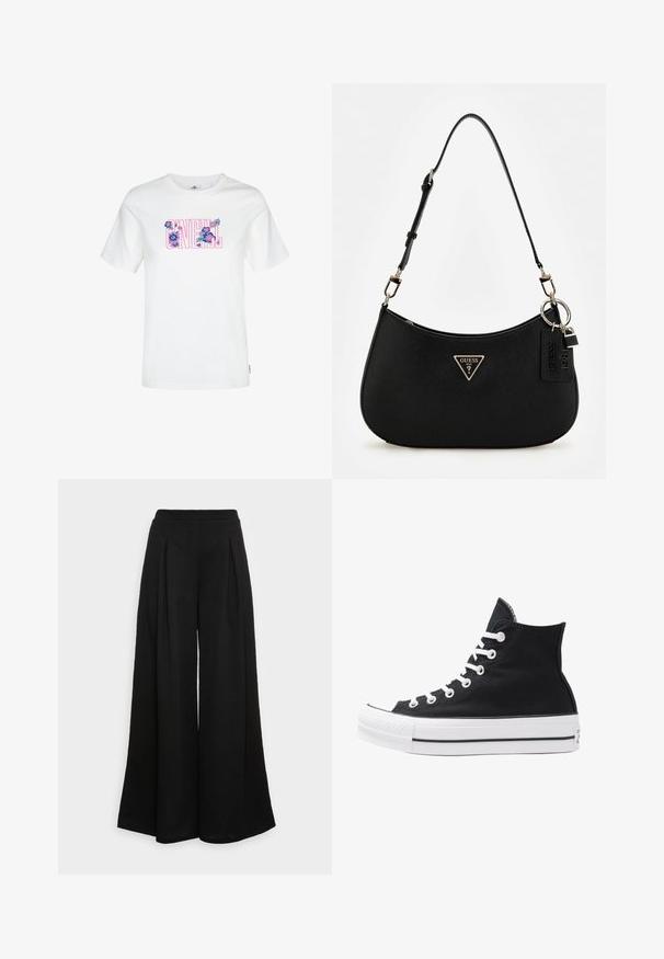 White cotton t-shirt featuring a colorful floral design in pink and blue within the text "O'NEILL." Short sleeves and a crew neck.; Wide-leg black trousers made of a soft fabric, featuring front pleats and a high waistband, ensuring a flowy silhouette.; High-top black canvas sneaker with white eyelets, laces, and rubber sole. Features a textured toe cap and black and white stripe accents.; Black synthetic shoulder bag with a curved silhouette, textured finish, gold triangle logo, and detachable hardware accents.