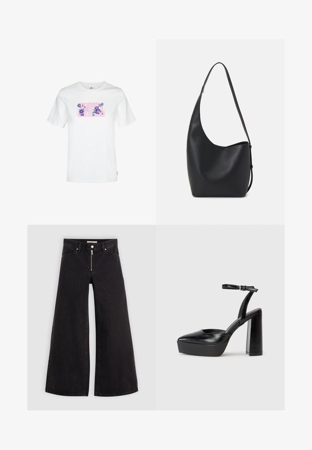 Bela bombažna majica s kratkimi rokavi, ki ima barvit cvetlični vzorec v rožnati in modri barvi znotraj besedila "O'NEILL." Ovratnik je okrogel.; Široke traperice iz črnega denima z zadrgo spredaj, petimi žepi in diskretnimi šivi. Gladka tekstura in ležeren slog.; Črne platforme z visokimi petami in koničastim nosom ter nastavljivim gležnjenjskim trakom. Narejene iz gladke usnje, s kockasto peto.; Črna usnjena hobo torba z gladko teksturo, ukrivljeno obliko in eno nastavljivo naramnico; ima širok odprtina na vrhu.