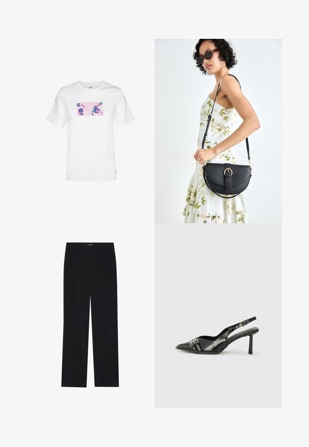 White cotton t-shirt featuring a colorful floral design in pink and blue within the text "O'NEILL." Short sleeves and a crew neck.; Black corduroy trousers with a straight cut, featuring a flat waistband and no visible pockets, smooth texture, and vertical ribbing detail.; Black patent leather slingback shoe with pointed toe, ankle straps featuring silver buckles and hardware, and a slender heel.; Black leather handbag with a curved shape, detachable strap, and gold hardware. The bag features a flap with a buckle detail.
