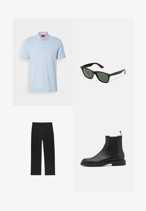 Lichtblauwe polo gemaakt van katoen, met een kraag, een drie-knopen sluiting en een geborduurd logo op de borst. Korte mouwen.; Zwarte broeken met een recht model, gemaakt van een gladde stof. Voorzien van een voorplooien en een enkele knoopsluiting bij de taille.; Zwarte leren enkelboot met een gladde textuur, elastische zijpanelen en een trekhaak. Ronde neus en platte rubberen zool met minimale profiel.; Zwarte plastic zonnebril met groene lenzen, vierkante montuur, zilveren accent op de wenkbrauw en een gestructureerde tempel. Merken vermeld op de binnenkant van de arm.