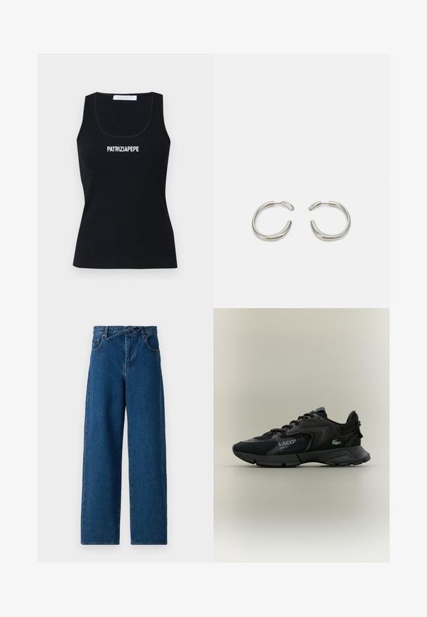 Top in raso nero a costine con scollatura ampia e spalline sottili. Presenta il logo bianco "PATRIZIA PEPE" sulla parte frontale. Tessuto morbido e elasticizzato.; Jeans in denim a gamba larga di colore blu scuro. Design a vita alta con passanti per cintura e tasche frontali. Tessuto liscio e stile classico a cinque tasche.; Sneaker atletico nero con materiali in rete e sintetici, dettagli testurizzati, design con lacci e logo prominente sul lato.; Orecchini a cerchio in argento con un design liscio e arrotondato e una finitura lucida e elegante. Presentano una forma minimalista con una leggera apertura.