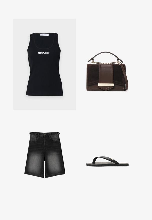 Sort ribbet tanktop med scoop neck og tynde stropper. Har hvid "PATRIZIA PEPE" logo henover fronten. Blødt, strækbart stof.; Sorte denim shorts med en falmet finish, fem lommer, knaplukning og bæltestropper. Stoffet har en glat overflade.; Sort flip-flop sandal med flad sål, tekstureret sort indersål, glatte stropper og en lille gul accent nær tåposten.; Brun læder- og suedetaske med en struktureret design. Har en gylden metalplade, et topgreb og en aftagelig skulderrem.