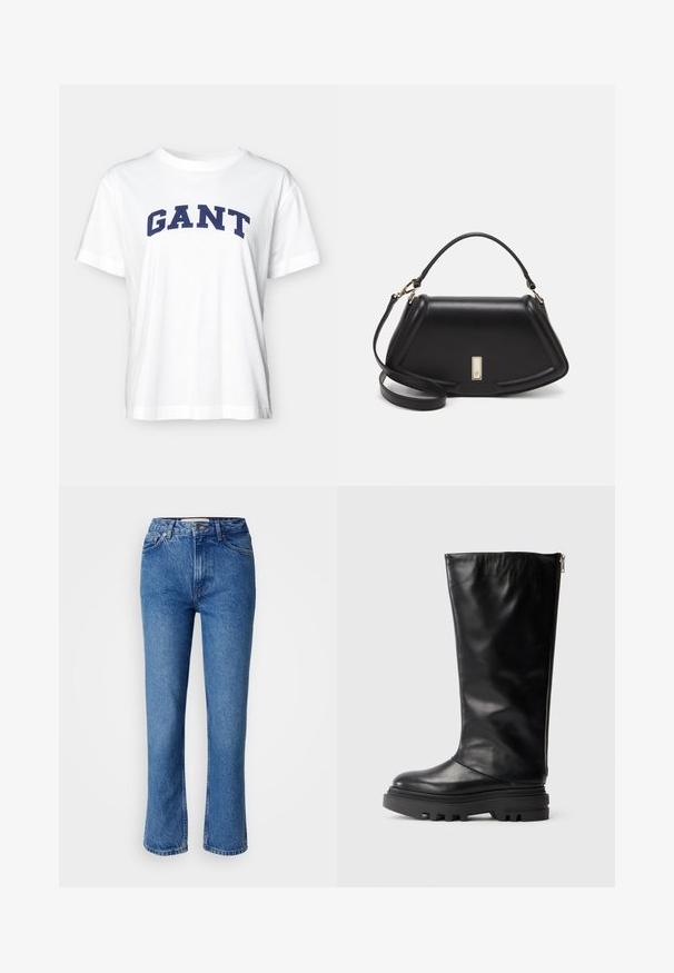 Balta medvilnė marškinėliai su trumpomis rankovėmis, pasižymintys tamsiai mėlyna „GANT“ tekstu, esantys krūtinės srityje, ir laisvo kirpimo dizainu.; Mėlyni džinsai su tiesiu kirpimu, turintys klasikinį penkių kišenių dizainą, oranžiniai siuvinėjimai ir mygtukų uždarymas.; Juodos odinės kelių ilgio batai su apvaliu pirštu, storo guminiu padu ir šoniniu užtrauktuku. Lygi tekstūra su minimaliais akcentais.; Juoda odinė rankinė su struktūrizuotu dizainu, turi trumpą formą, viršutinę rankeną ir auksinius akcentus. Pridėtas reguliuojamas peties diržas.